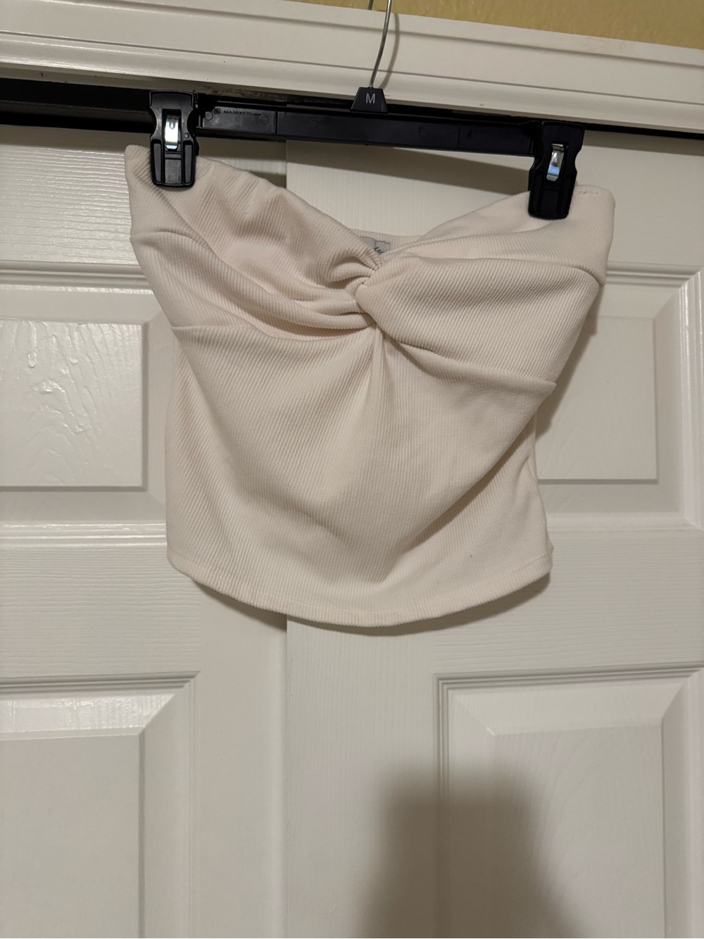 Twist-Front Strapless Ribbed Crop Top - Cream